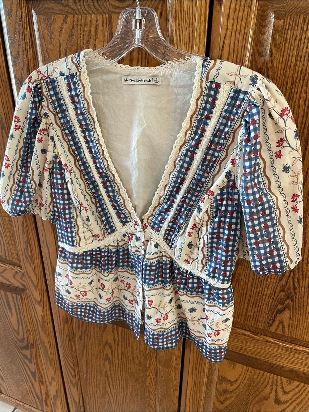 Abercrombie & Fitch Cream Peplum Blouse with Blue Check and Red Floral Accents